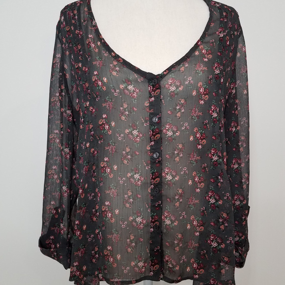 Kirra (PacSun) Floral Hi-Lo Sheer Gray pink Blouse shirt long sleeve top Medium - Picture 3 of 8